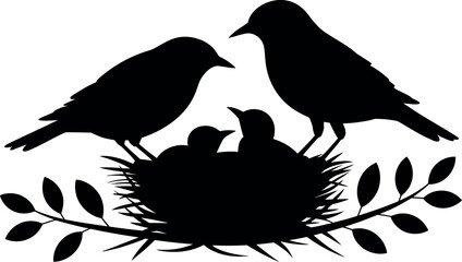 Silhouette of birds and a nest vector art illustration.