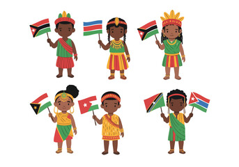 Cute Cartoon Diverse Children Holding National Flags Illustration Set