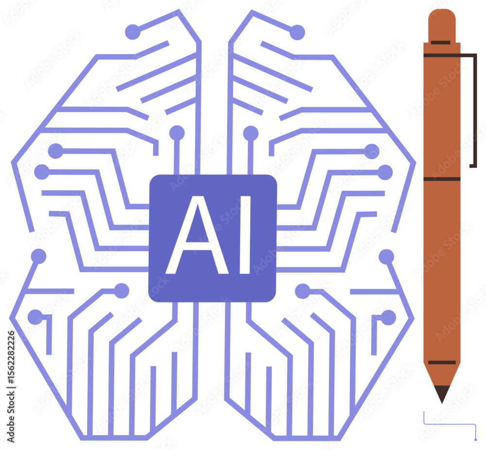 Poster ai brain shape with circuits and central ai element next to a pen symbolizing innovation, technology