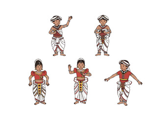 Handdrawn Traditional Sri Lankan Dancer Character Set Illustration with Various Poses