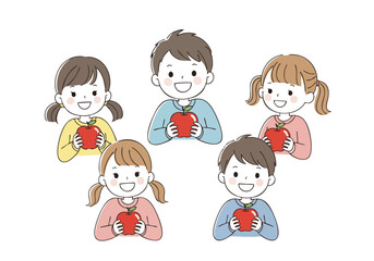 Cute Cartoon Style Children Holding Red Apples Fruit Illustration