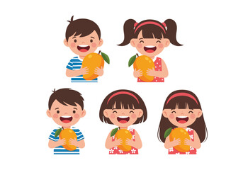 Cheerful Flat Illustration of Happy Children Holding Delicious Mango Fruit