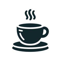 A steaming cup of coffee on a saucer, set against a cozy café backdrop with patrons