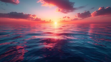 A serene ocean view with a vibrant sunset reflecting on the calm water surface