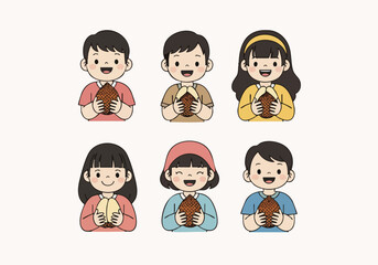 Cute Cartoon Style Diverse Children Holding Brown Easter Eggs Illustration