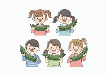 Cute Handdrawn Group of Children Holding a Long Green Cucumber Food