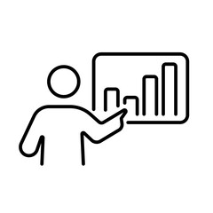 Person pointing to data statistic iconography illustration. Simple outline person activity icon.