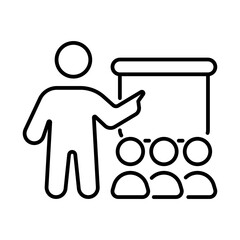 Person teaching in front of whiteboard iconography illustration. Simple outline person activity icon.