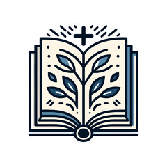 An illustrated open book with a tree growing from its pages, symbolizing knowledge and growth