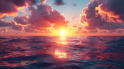 A vibrant sunset over the ocean with colorful clouds reflecting on the water surface