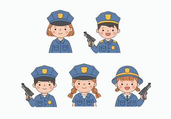 Cheerful Handdrawn Police Officer Character with Gun in Different Poses Illustration