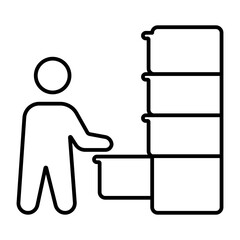 Person opens a cabinet shelf iconography illustration. Simple outline person activity icon.