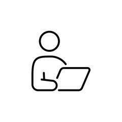 Person working on laptop iconography illustration. Simple outline person activity icon.