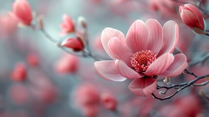 A close up of a pink magnolia flower with buds on a branch in soft focus background