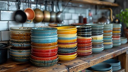 Stacks of colorful ceramic bowls arranged on a wooden shelf in a kitchen setting