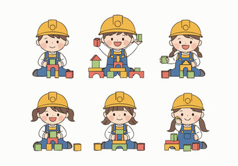 Cute Cartoon Boy and Girl Builder Playing with Toy Blocks Illustration