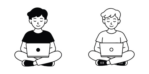 Flat outline drawing of kids using laptops in a relaxed and modern tech environment