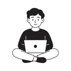Minimalist black and white illustration of a boy using a laptop in a seated position