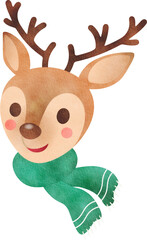Watercolor cute reindeer face with scarf illustration for Christmas decoration