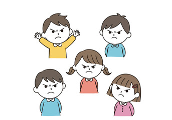 Simple Outline Cute Angry Children Faces Expression Illustration Set