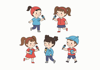 Cute Cartoon Style Group of Children Singing with Microphone Illustration