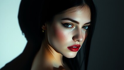 Dramatic Portrait of a Woman with Striking Makeup and Intense Gaze