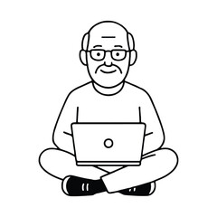 Simple black and white vector art of an older man working on a computer device