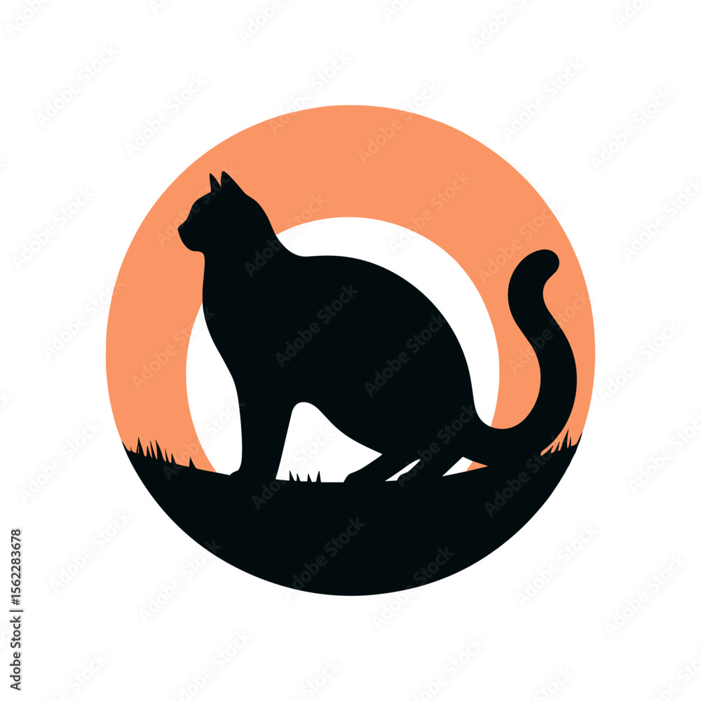 Poster silhouette of a cat sitting in front of a large orange circle with grass below