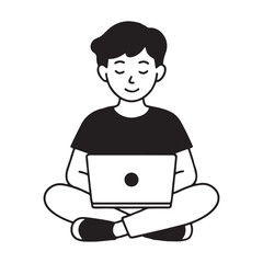 Vector art of a young man comfortably working on a laptop with a simple background