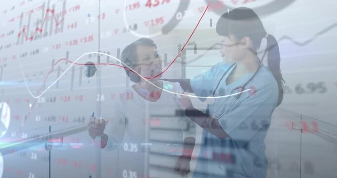 Nurse entering rehab and guiding patient using walker gaining confidence with financial charts