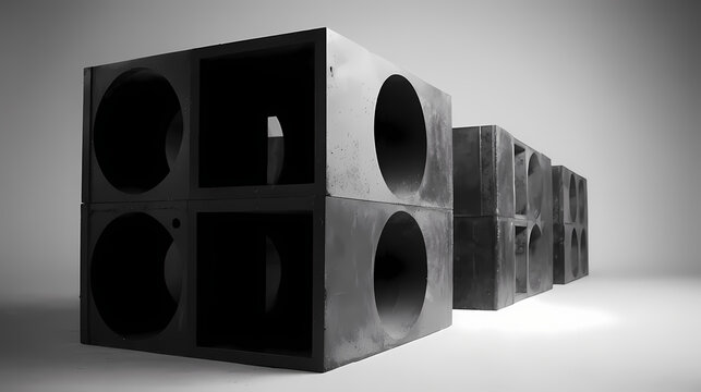 art direction for sculptural exhibition | abstract precision | calculated restraint | powder-coated grayscale | centrifugal dispersion | stacked voids | hollow core structuring | modular alignment |