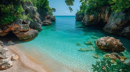 A secluded beach cove with turquoise water and rocky cliffs covered in vegetation