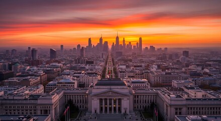 Aerial view of cityscape during sunset showcases a vibrant sky above buildings with warm orange and red hues. The architecture features symmetrical patterns and architectural details.