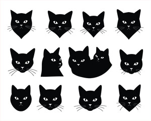 Collection of Black Cat Silhouettes for Design, A set of twelve black cat silhouettes in various poses and angles against a white background.