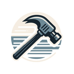 A stylized hammer icon set against a circular background with abstract lines, symbolizing construction