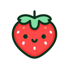 A cute, smiling strawberry character with a vibrant red color and green leaves, ideal for children's illustrations