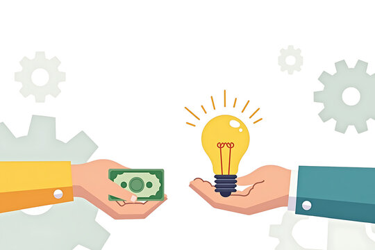 Hands exchanging money for a glowing light bulb representing business ideas and investment