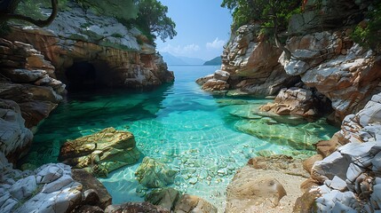 A serene cove with turquoise water surrounded by rocky cliffs and lush vegetation