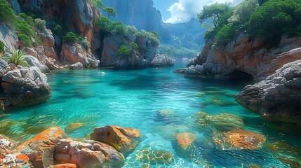 A scenic view of turquoise water surrounded by rocky cliffs and lush vegetation