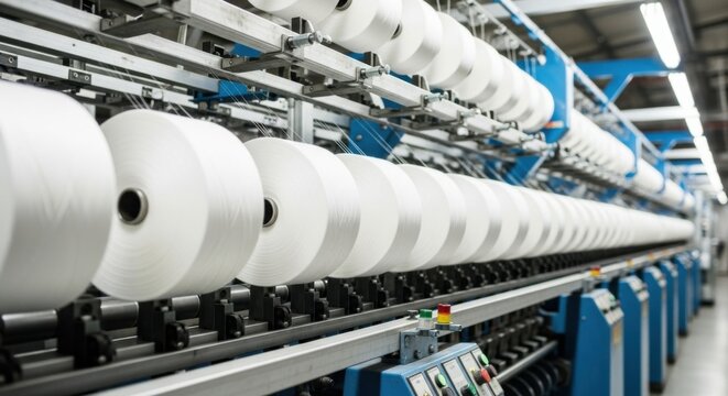 Modern textile manufacturing facility featuring large spools of white synthetic fiber wound onto industrial machinery