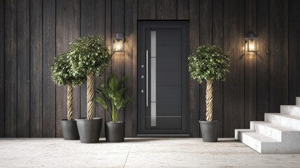 The modern entrance featuring stylish plants and a sleek door design.