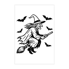 Halloween Witch Outline Drawing Black And White