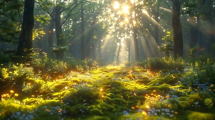 Sunlight streams through trees illuminating mossy forest floor with small flowers