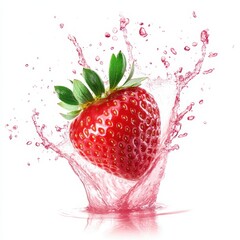 Fresh strawberry splashing into pink liquid isolated on white background