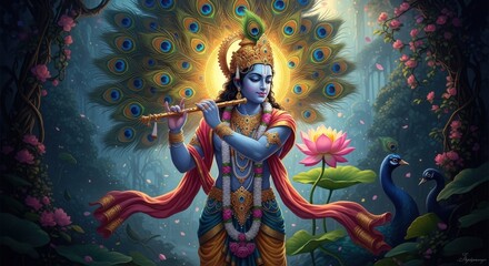 Divine Krishna plays his flute surrounded by peacocks and lotus flowers in a mystical forest setting
