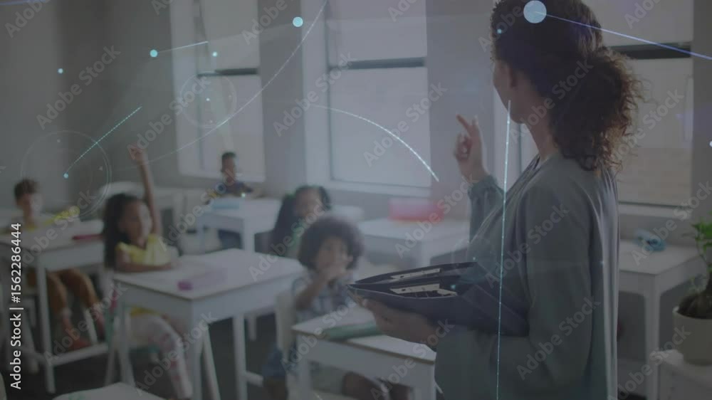 Poster teacher entering classroom asking question of students, glowing data lines linking tablet and desks