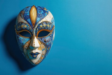 A blue and gold Venetian mask is displayed on a light blue background casting a subtle shadow