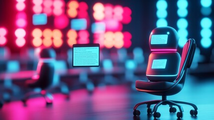 Neon Office Bot on Chair Tech, AI workspace ,AI Bot