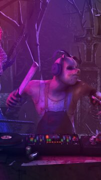 Seamless vertical video of butcher psycho killer djing with turntables in a cemetery at night with disco lights. Funny halloween background.