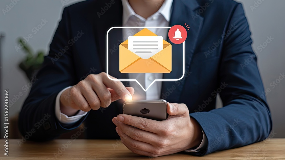 Poster a businessman in a dark suit uses a smartphone to interact with a digital notification bubble contai